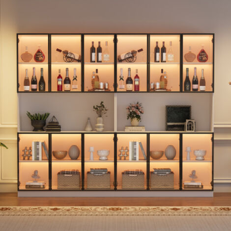 Vitrine 240x34x200 cm mit 12 Türen, offenem Stauraum, LED-Beleuchtung und Glastüren, Weiß
