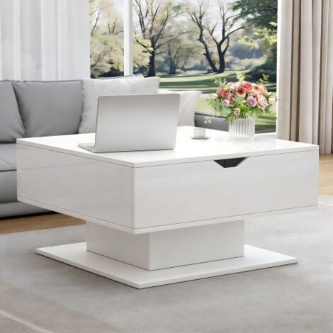 Weißer höhenverstellbarer Couchtisch 80x75 cm, mit hebbarer Tischplatte, verstecktem Stauraum, offener Nische und LED-Beleuchtung