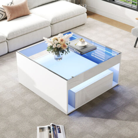 Couchtisch, Beistelltisch mit 2 Schubladen, LED-Beleuchtung, Tischplatte aus gehärtetem Glas, gelochtes Design, Weiß, 70x70x35 cm
