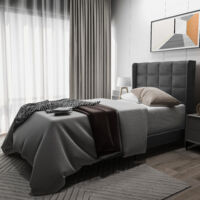 Modernes Design Polsterbett Mit seinem gepolstertes Kopfteil Einzelbett mit Lattenrost, 90x200cm ,in Grau Leinen, mittelfest (Ohne Matratze) OKWISH