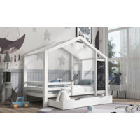 Kinderbett Hausbett 90 x 200 cm, Holzbett mit Tafel und 2 Schubladen, Massivholz mit Zaun und Lattenrost, Weiß (ohne Matratze) OKWISH