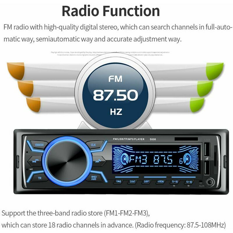 Autoradio Bluetooth FM Radio Stéréo 60W x 4, Lecteur MP3 Poste