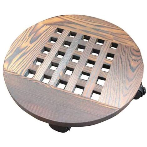 Chariot à Roulettes Pour Pots De Fleurs - Support Rond En Bois Massif 35 Cm - 4 Roues Pivotantes Verrouillables