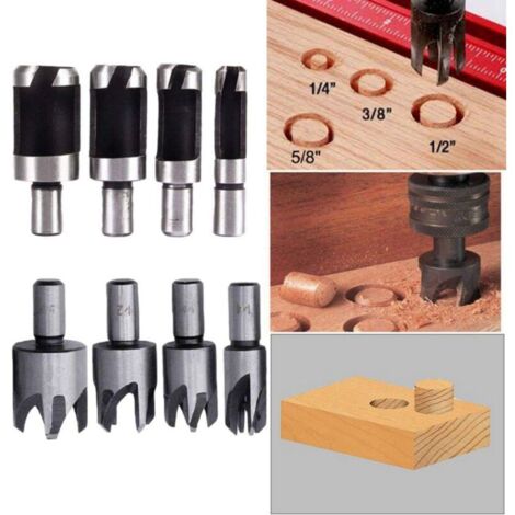 Ensemble De 4 Fraises à Bouchon En Bois - Diam. 1/4", 3/8", 1/2", 5/8" - Tige Hexagonale 1/4" Acier Carbone - Pour Vis De Fixation, Placage