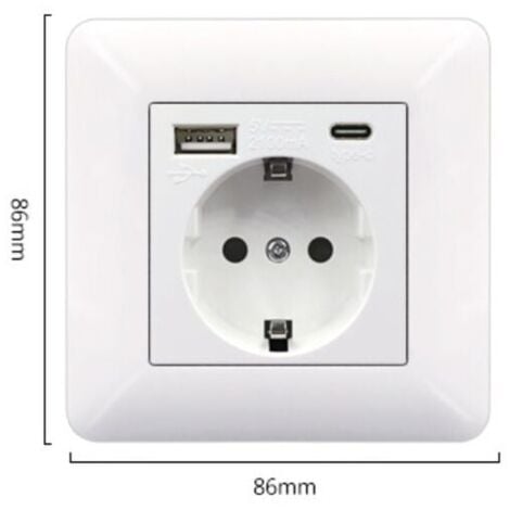 Panneau de prises françaises Type-c+USB16A Type 86, nombre de prises : 2 trous, nombre de ports USB : 1, nombre de ports type-c : 1, sûr et ferme(carré blanc)