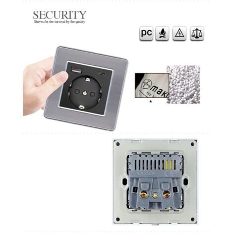Panneau de prises françaises Type-c+USB16A Type 86, nombre de prises : 2 trous, nombre de ports USB : 1, nombre de ports type-c : 1, sûr et ferme(carré blanc)