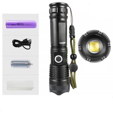 Lampe Torche LED Tactique 8000 Lumens - Rechargeable USB, étanche, Super Lumineuse - Pour Extérieur Ou Sécurité