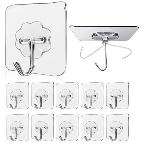 10 Crochets Adhésifs Transparents 15kg - Pour Salle De Bain, Cuisine, Porte
