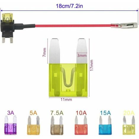 4 pièces de voiture de petite taille fusibles voleur de courant, adaptateur de fusible plat pour distributeur de fusibles enfichable avec fusible 6 pièces (3A / 5A / 7,5A / 10A / 15A / 20A)