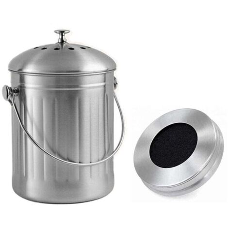 Poubelle à Compost En Acier Inoxydable Avec Couvercle - 4 Filtres à Charbon Inclus, Pour Comptoir De Cuisine