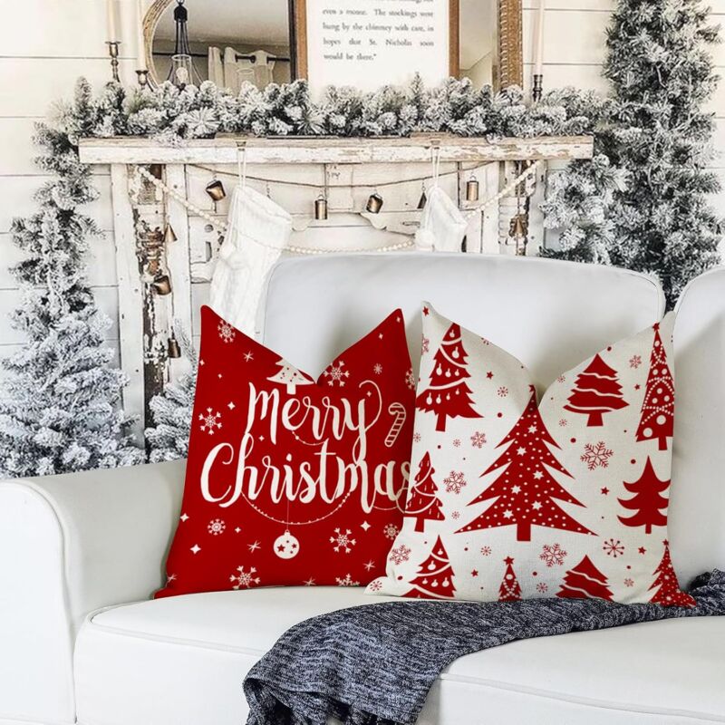 Housse de coussin de Noël, lot de 4 lin artificiel rouge housse de coussin  de Noël