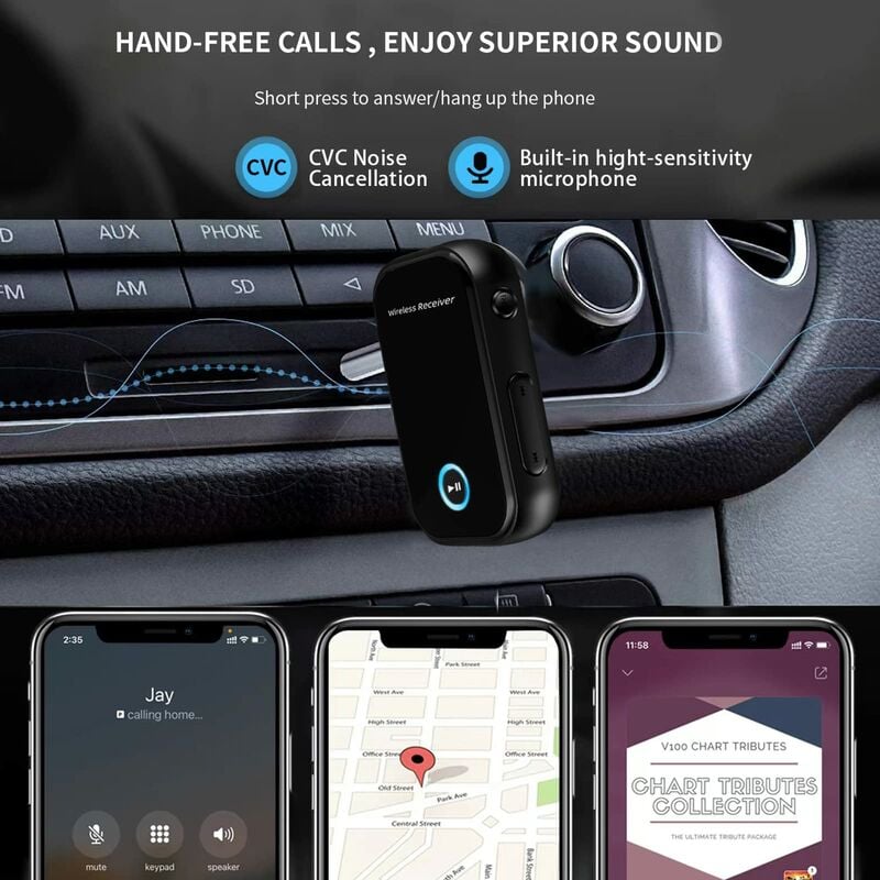 Kit de voiture Bluetooth Récepteur Bluetooth, Adaptateur audio mains libres  Bluetooth Microphone intégré Clip d'aération, Chargeur de voiture USB 2.1a  noir1pcs