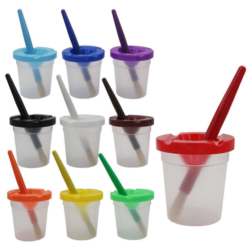GABRIELLE Lot de 10 gobelets de peinture anti-fuite avec pinceau et  couvercle, gobelets de couleur avec couvercle coloré, récipient de couleur  avec couvercle, kit de peinture pour enfant