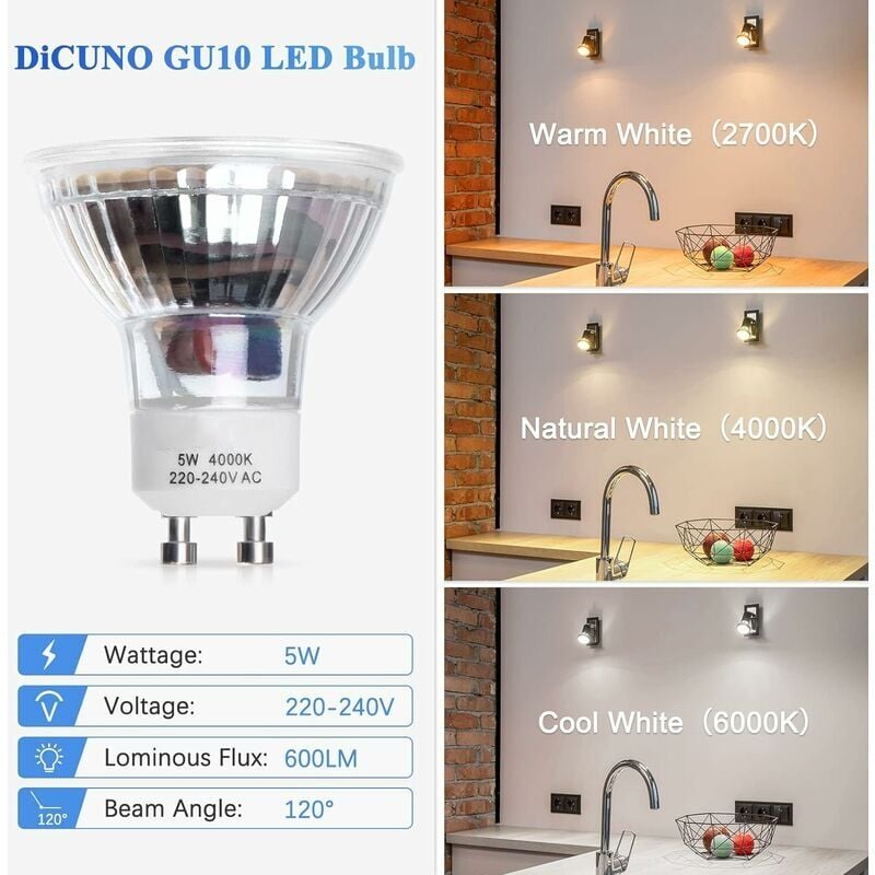 Ampoules LED GU10, 5W équivalent 60W, 600lm, Blanc Neutre 4500K