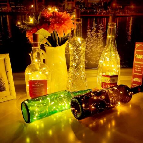 Guirlande LED Boîteille 2m 20LEDs Boîteille Lumineuse,LED Bouchon Bottle Light étanche Fil D'argent Flexible Décoration pour Partie,Mariage (6 pièces,Blanc Chaud)