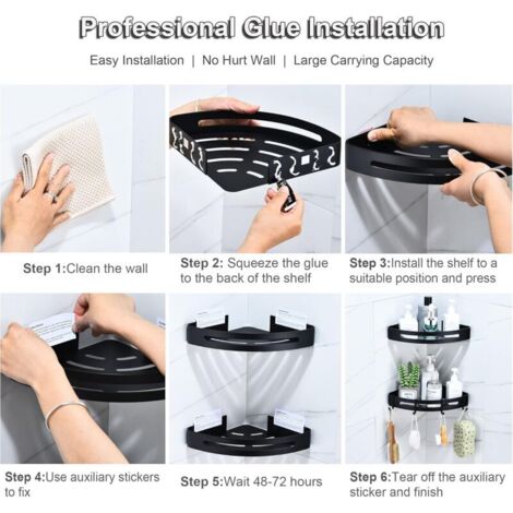 Étagère De Douche Angulaire Sans Perçage - 2 Niveaux Avec 4 Crochets | Range Tes Affaires Sans Abîmer Le Mur