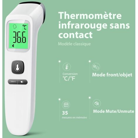 Thermomètre Infrarouge Sans Contact Bébé & Adulte – Thermomètre Front Digital Professionnel, Mesure Fièvre Instantanée, Écran LCD Rétroéclairé, Mémoire– Rapide & Précis - Sac-piles-notice En Français