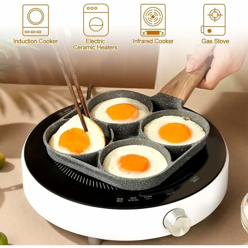 Poêle 4 Compartiments à Pancakes & Œufs - Antiadhésif Pierre De Maifan - Compatible Induction & Gaz - 32x18 Cm