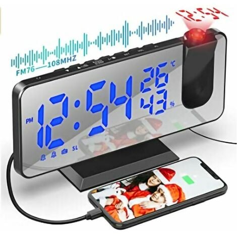 Reveil Projecteur Plafond, Radio Réveil Projection Plafond, avec Ecran Miroir 7.5 Pouces, Température Port de USB, Double Réveil, 4 Luminosités Réglable, Réveil Numérique pour la Chambre