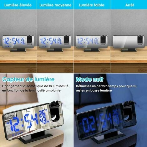 Reveil Projecteur Plafond, Radio Réveil Projection Plafond, avec Ecran Miroir 7.5 Pouces, Température Port de USB, Double Réveil, 4 Luminosités Réglable, Réveil Numérique pour la Chambre