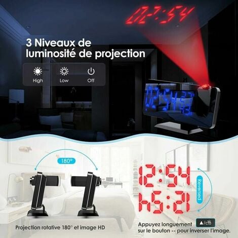 Reveil Projecteur Plafond, Radio Réveil Projection Plafond, avec Ecran Miroir 7.5 Pouces, Température Port de USB, Double Réveil, 4 Luminosités Réglable, Réveil Numérique pour la Chambre