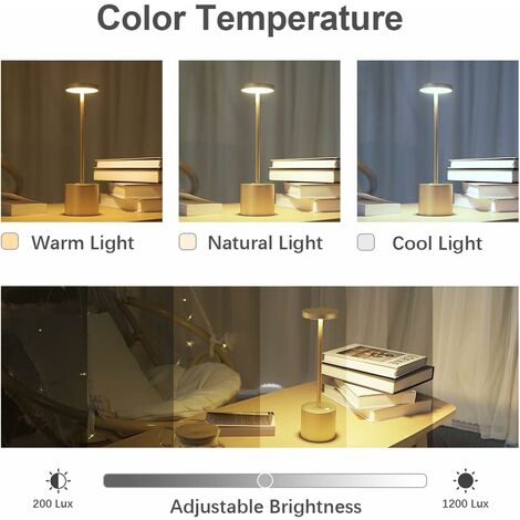 Lampe de table sans fil rechargeable, Hapfish 1800mAh lampe de bureau LED en métal design charge usb, 3 modes de couleur