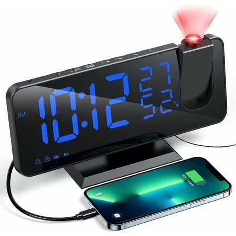 Reveil Projecteur avec Radio, Horloge Numérique, Radio Reveil USB avec Double Alarme et Écran Miroir LED de 7（mot bleu）