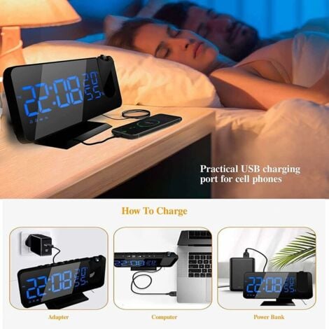 Reveil Projecteur avec Radio, Horloge Numérique, Radio Reveil USB avec Double Alarme et Écran Miroir LED de 7（mot bleu）