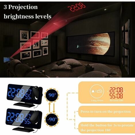 Reveil Projecteur avec Radio, Horloge Numérique, Radio Reveil USB avec Double Alarme et Écran Miroir LED de 7（mot bleu）