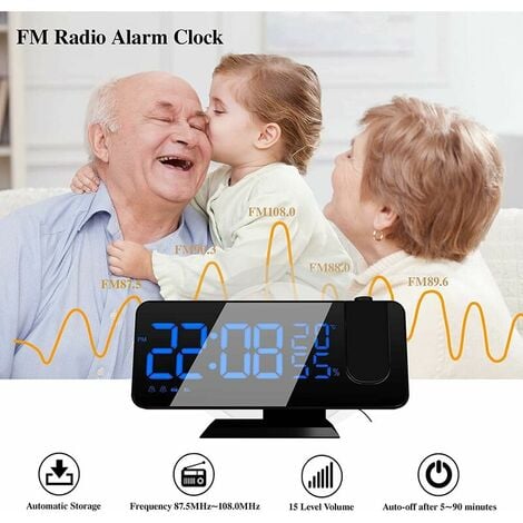 Reveil Projecteur avec Radio, Horloge Numérique, Radio Reveil USB avec Double Alarme et Écran Miroir LED de 7（mot bleu）