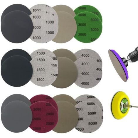 Lot de 24 Disques de Ponçage, Rond Papier de Verre, 80mm Disques Abrasifs Auto-Agrippants, Disques Abrasif de Ponçage Humide et Sec 1000/1500/2000/3000/4000/5000 pour Le Flocage, Papier Abrasif