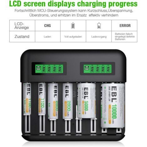 Chargeur Indépendant 8 Slots EBL - Pour Piles AA/AAA Ni-MH/Ni-CD, Avec Indicateurs LED, Rafraîchissement Automatique