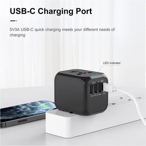 Adaptateur Voyage, Adaptateur Prise Universelle avec Type-C + 3 Ports USB & Prise AC, Adaptateur Prise France vers USA UK Allemagne Thaïlande Italie Australie Chine Japon Ternel