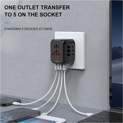 Adaptateur Voyage, Adaptateur Prise Universelle avec Type-C + 3 Ports USB & Prise AC, Adaptateur Prise France vers USA UK Allemagne Thaïlande Italie Australie Chine Japon Ternel