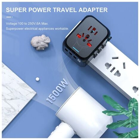 Adaptateur Voyage, Adaptateur Prise Universelle avec Type-C + 3 Ports USB & Prise AC, Adaptateur Prise France vers USA UK Allemagne Thaïlande Italie Australie Chine Japon Ternel