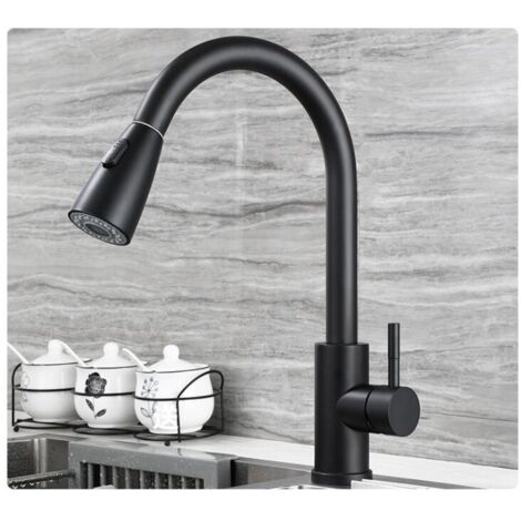 Robinet de Cuisine, Mitigeur Cuisine Rotatif à 360° avec Douchette Extractible, 3 Modes de Pulvérisation Mitigeur d'évier, Acier Inoxydable, Noir