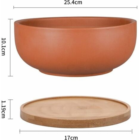 Grand pot de fleurs rond en terre cuite de 25 cm avec trou de drainage et soucoupe en bambou pour plantes d'intérieur, couleur terre cuite