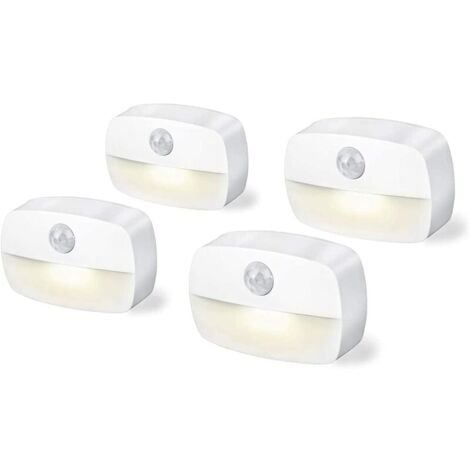 Lot de 4 lampes à détecteur de mouvement pour l'intérieur, veilleuse à détecteur de mouvement, 3 A, alimenté par batterie dans le placard, les escaliers, le couloir, la cuisine, la chambre