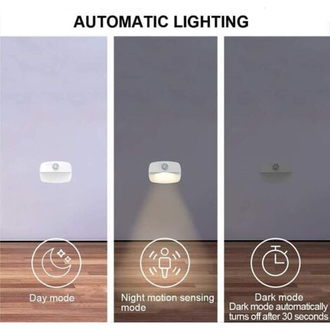 Lot de 4 lampes à détecteur de mouvement pour l'intérieur, veilleuse à détecteur de mouvement, 3 A, alimenté par batterie dans le placard, les escaliers, le couloir, la cuisine, la chambre