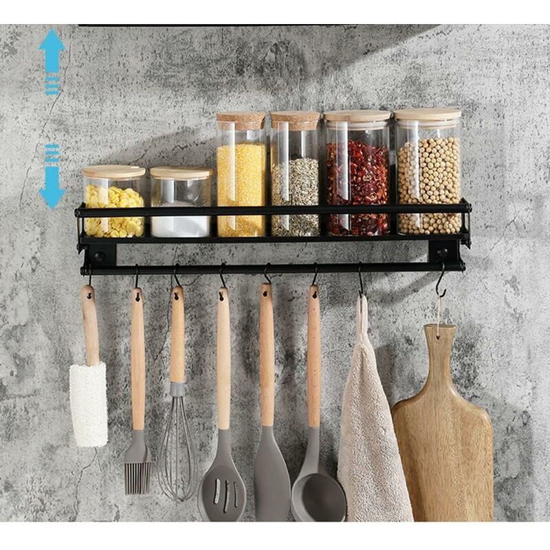 Porte-ustensiles De Cuisine 40cm Avec Ventouses - 8 Crochets Coulissants - Sans Perçage - Charge 20kg - Aluminium Et ABS