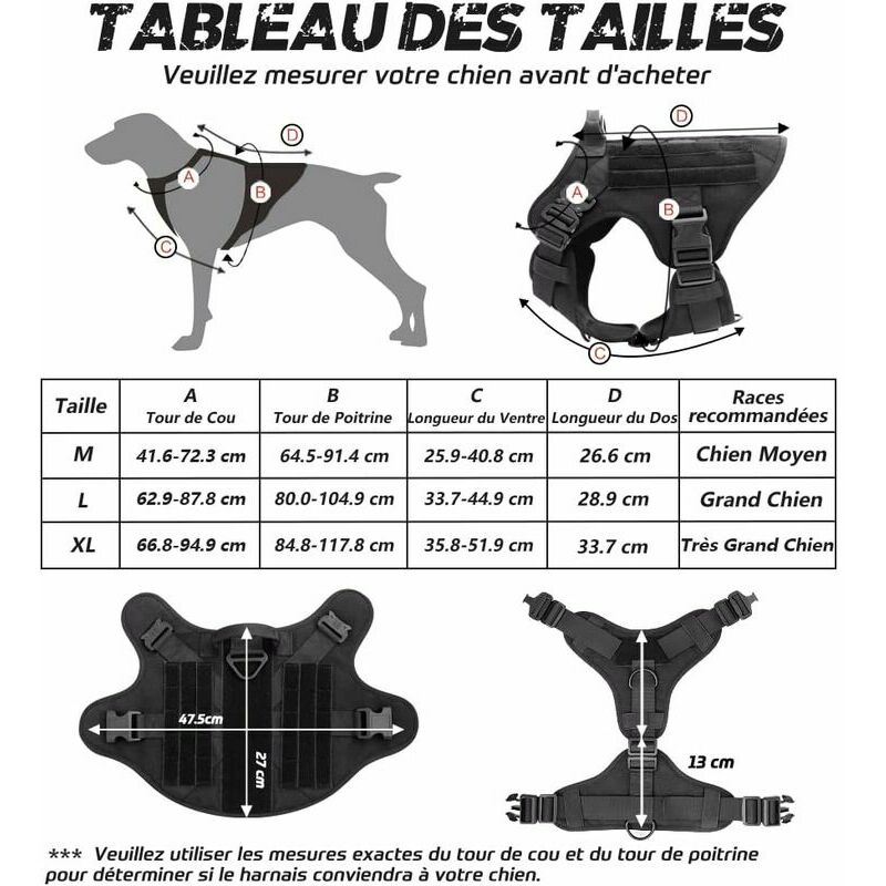 Harnais tactique réglable pour chien XS k9, gilet pour chiot militaire pour  entraînement en plein air, système souple, poignée en caoutchouc, facile à  contrôler