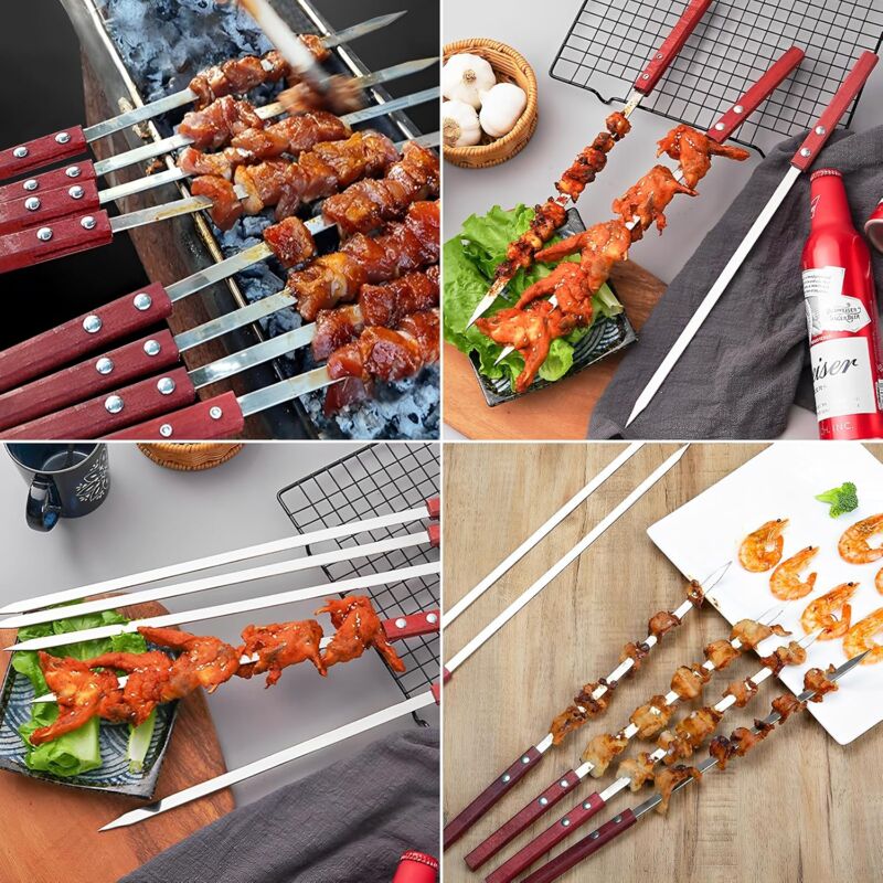 10 Brochettes Barbecue Acier Inoxydable - 40 Cm, Plat, Pour Viande & Légumes