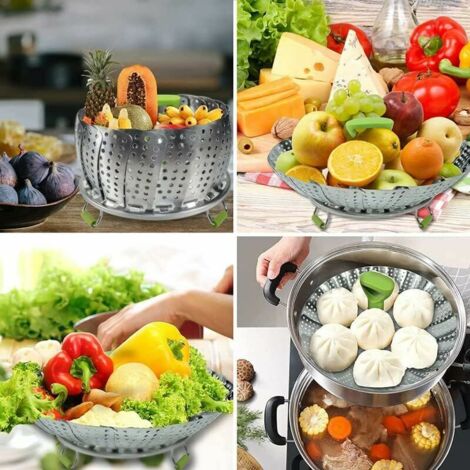 Panier vapeur en acier inoxydable avec poignée pliable – Extensible pour s'adapter aux casseroles de 16,3 cm à 25,4 cm Panier vapeur en acier inoxydable avec poignée pliable – Extensible pour s'adapter aux casseroles de 16,3 cm à 25,4 cm