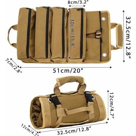 Sac à Outils Enroulable en Toile, Robuste Sac Porte-Outils avec 2 Pochettes  Détachables et 4