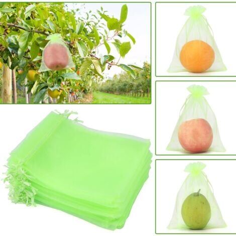 Accessoires Jardinage Bio 100 Sachets Protection Fruits 20x30cm - Organza Vert - Anti-insectes/oiseaux - Cordon Serrage - Réutilisable Sac Protection Fruits