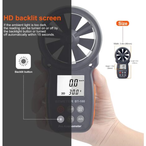 Anémomètre Numérique BTMETER BT-100 - Mesure Vent Et Température - LCD Rétroéclairage