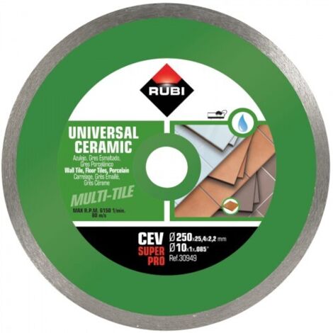 Rubi – Disque diamant pour meuleuse 250 mm – Coupe humide pour grès cérame et porcelaine – Alésage 25,4 mm – Épaisseur 2,2 mm