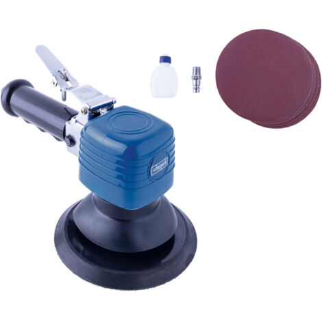 Scheppach Set ponceuse pneumatique et 5 diques abrasifs - Pression 6,3 bar - Consommation d'air 93,4 L/min - Vitesse de rotation jusqu'à 10000 min-1 - Plateau de ponçage 140 mm - Huile incluse