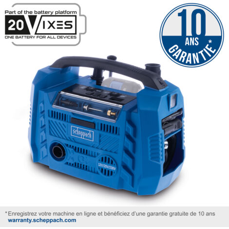 Scheppach Compresseur hybride Airforce 6 – 10,3 bar – IXES 20 V – Fonction hybride avec 3 modes d'entraînement 230 V / 20 V / 12 V – Lampe de travail LED – Accessoires inclus