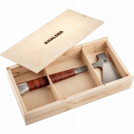 Halder – Hachette avec poignée en cuir – Acier traité spécial – Poids 1kg – Coffret cadeau en bois pour usage professionnel - 3555s001